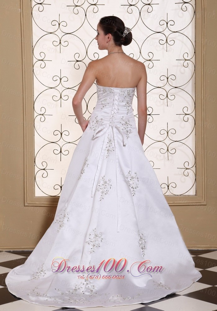 Court Train Embroidery Satin Beading Wedding Dress
