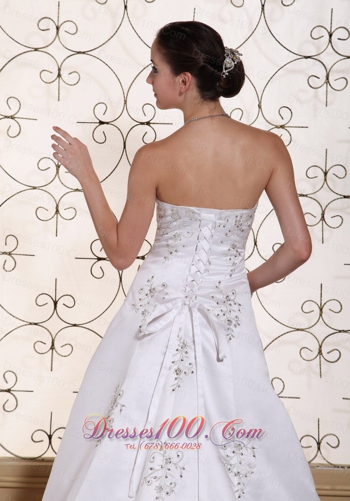 Court Train Embroidery Satin Beading Wedding Dress
