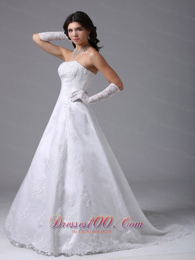 Strapless Lace A Line Wedding Dress With Gloves