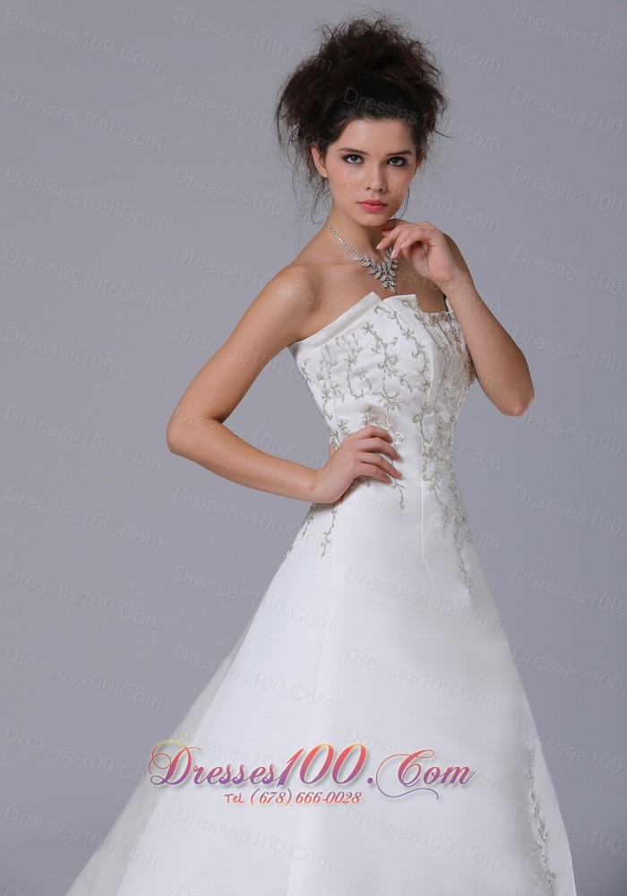 Strapless Satin Embroidery Sweep Wedding Dress For Spring