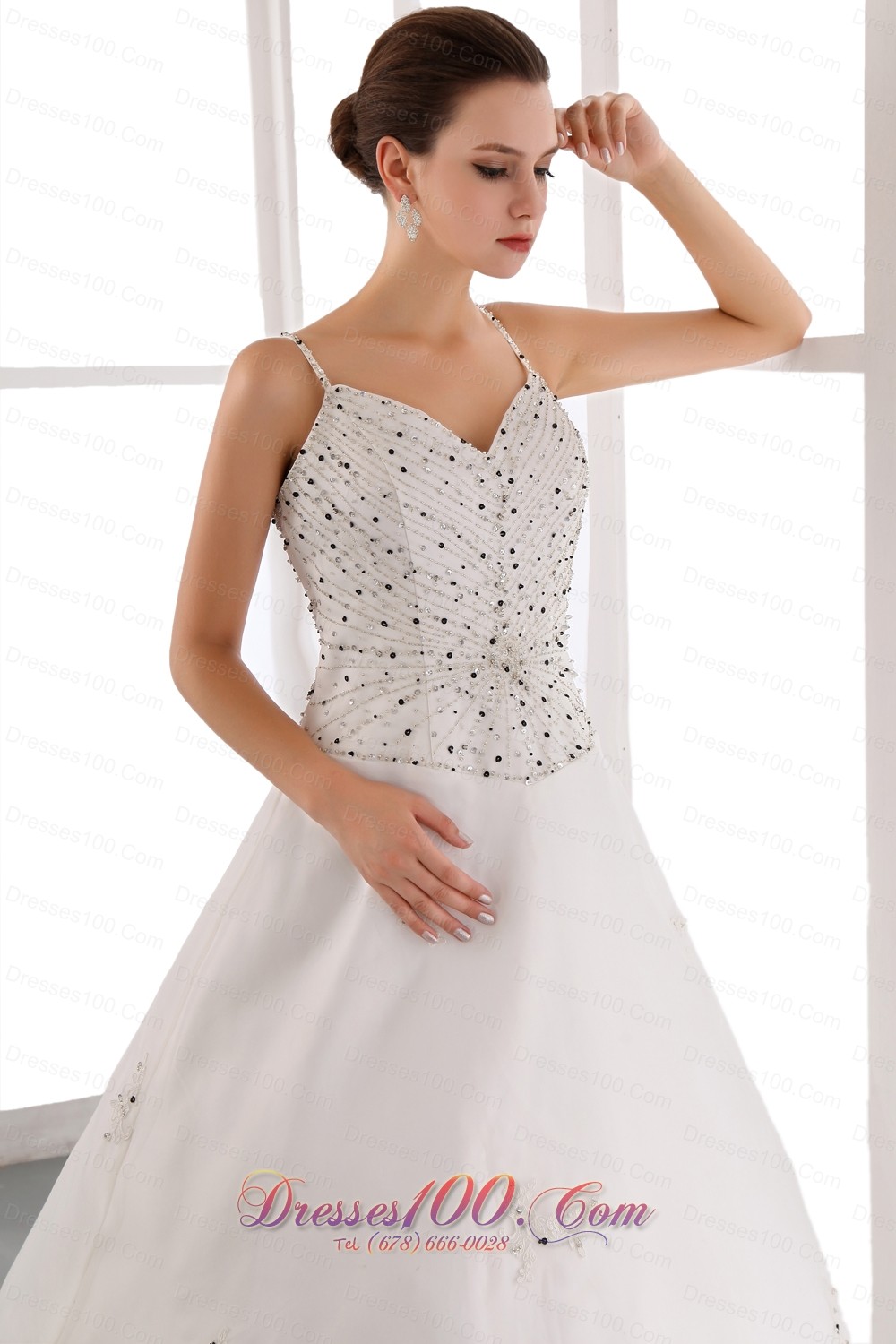 Spaghetti Straps Court Train Beaded Wedding Dress