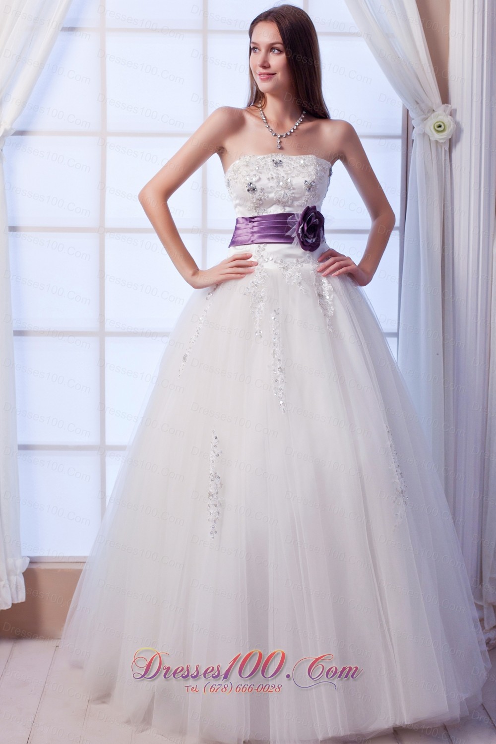 Hand Made Flowers Beaded Tulle Wedding Dress Colored