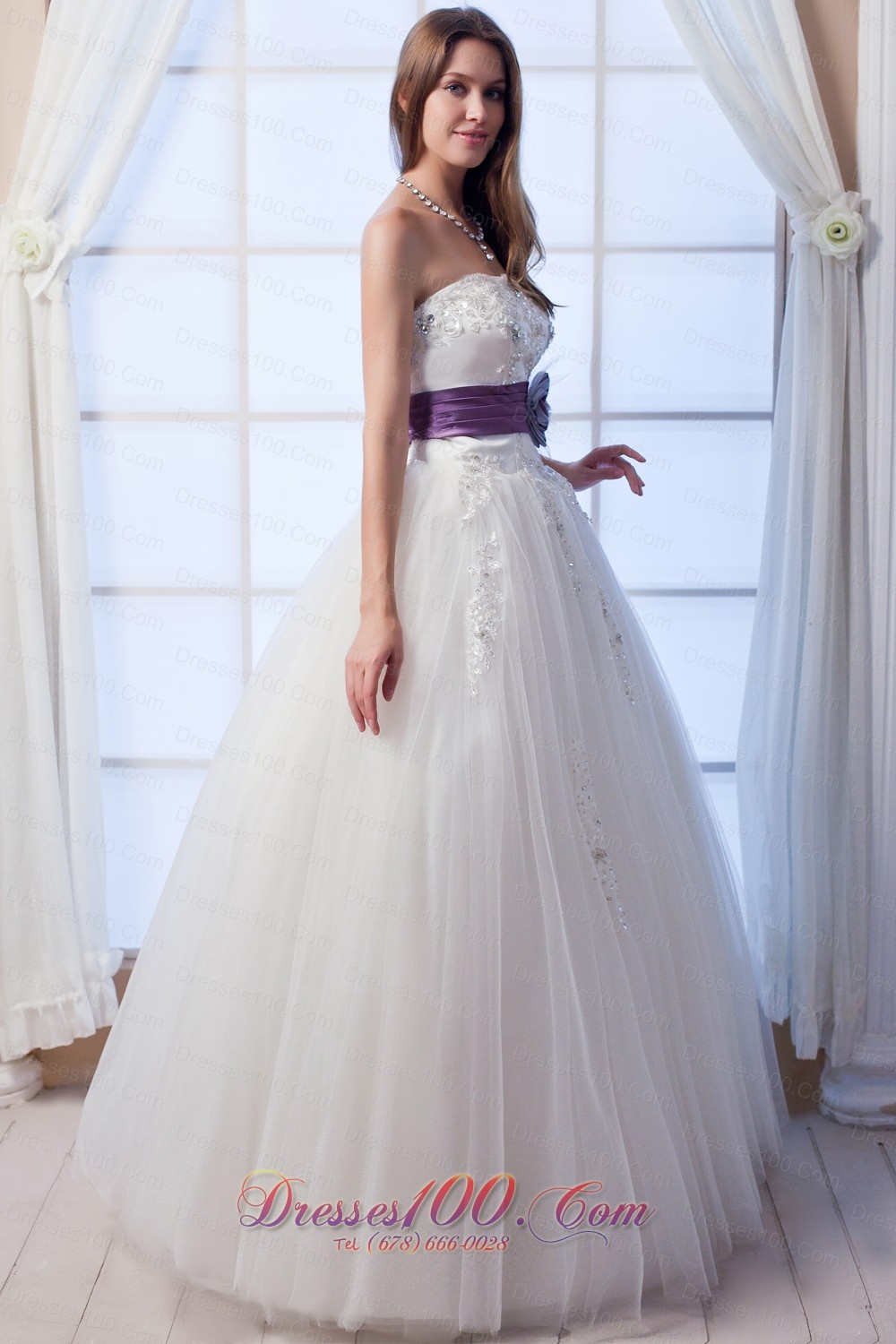 Hand Made Flowers Beaded Tulle Wedding Dress Colored