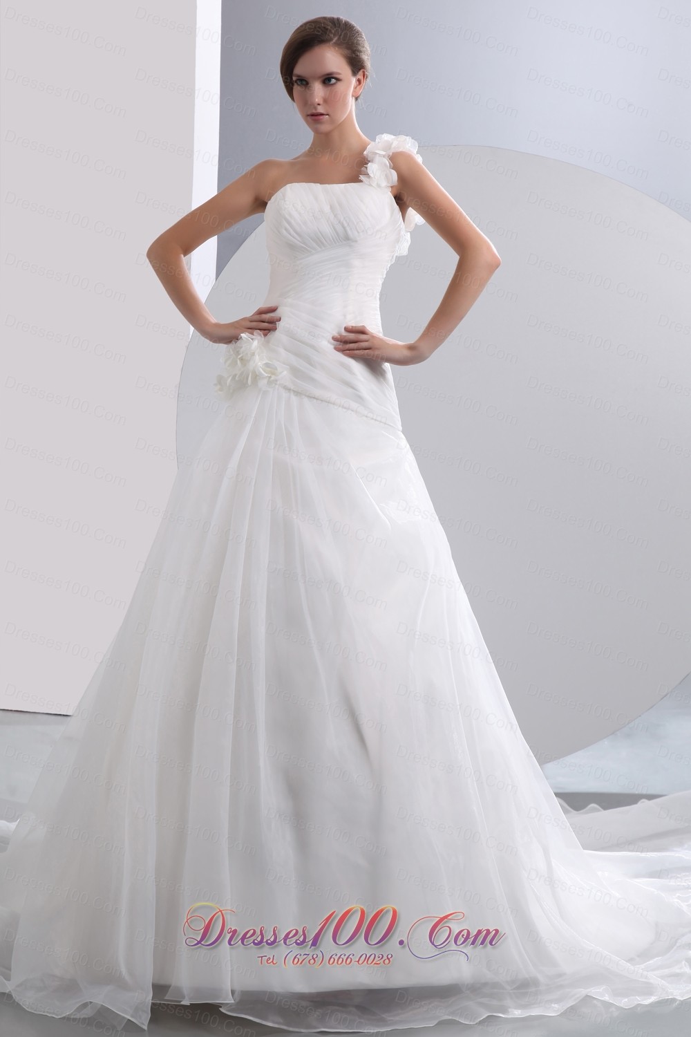 One Shoulder Flowers Ruched Chapel Wedding Dresses