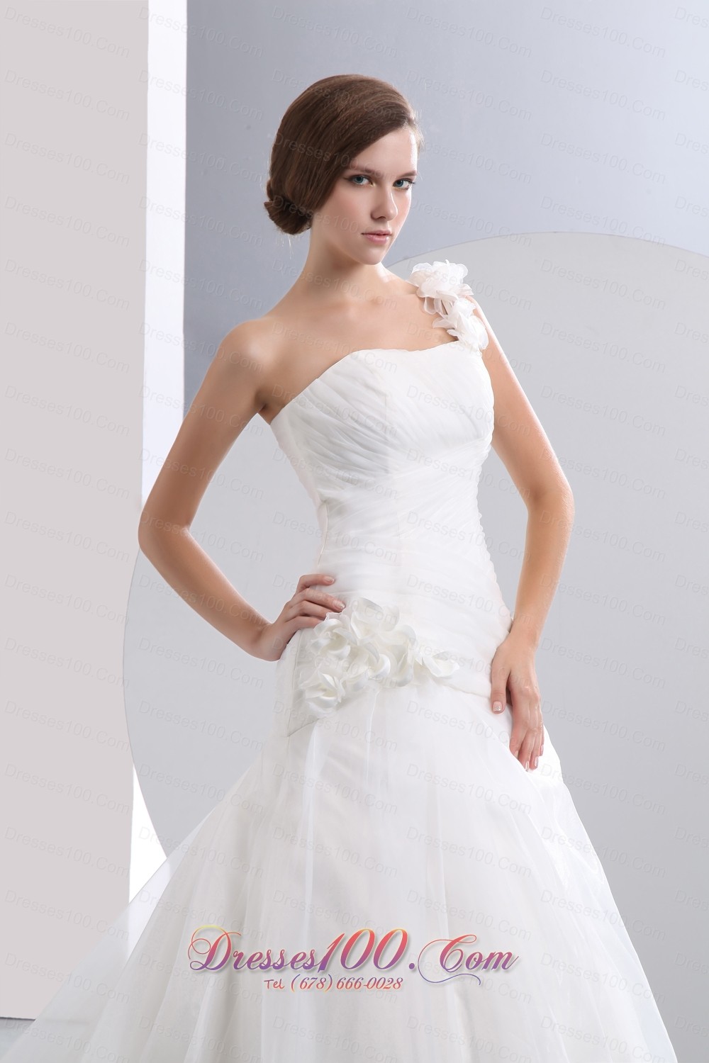 One Shoulder Flowers Ruched Chapel Wedding Dresses
