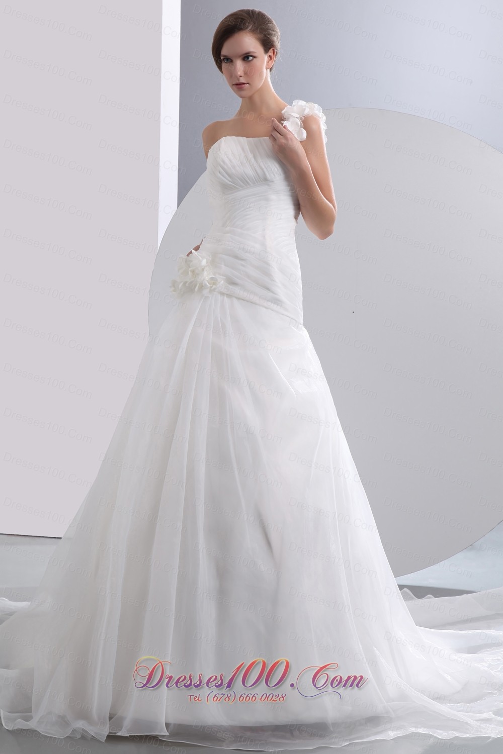 One Shoulder Flowers Ruched Chapel Wedding Dresses