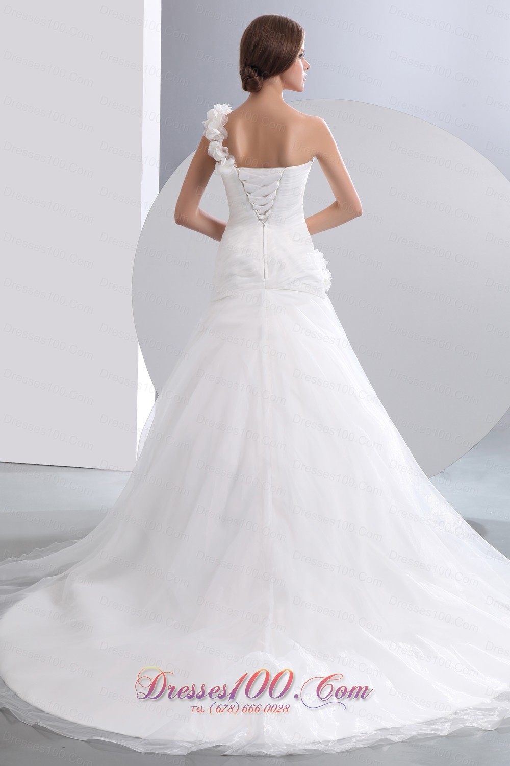 One Shoulder Flowers Ruched Chapel Wedding Dresses