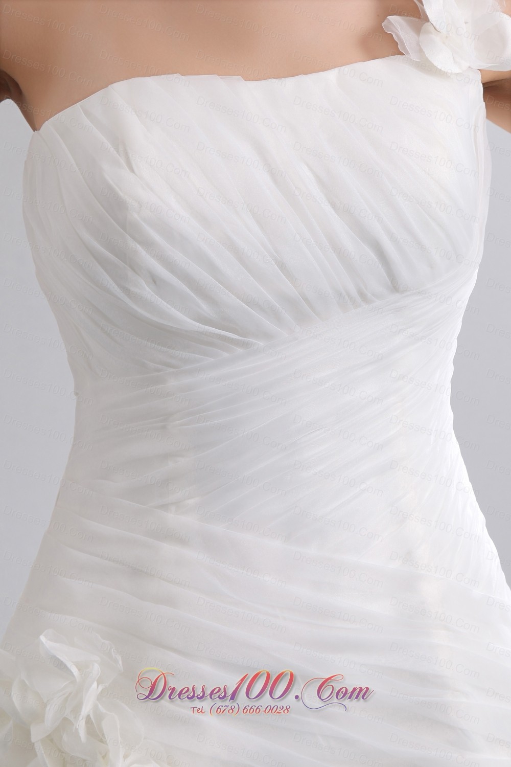 One Shoulder Flowers Ruched Chapel Wedding Dresses