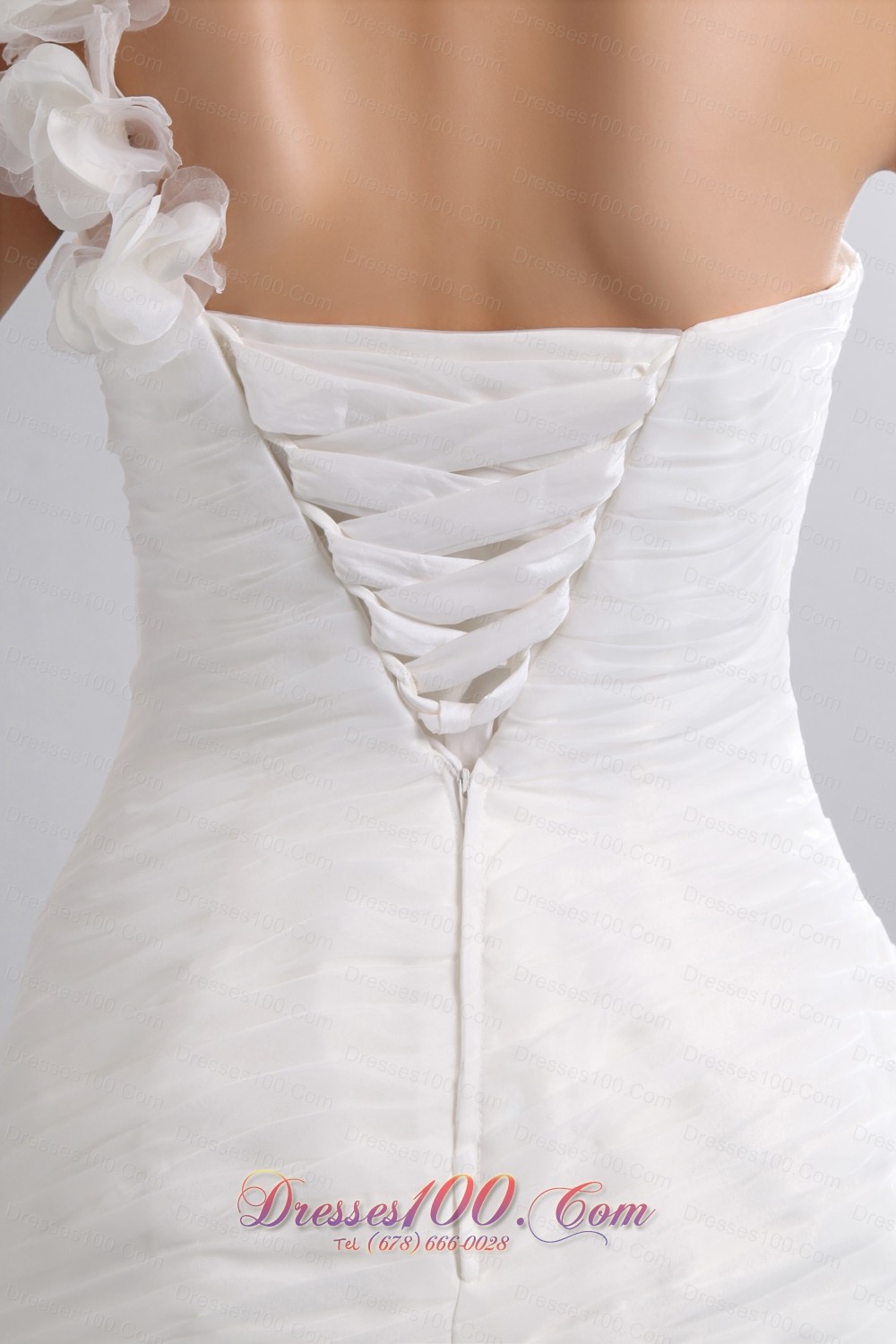 One Shoulder Flowers Ruched Chapel Wedding Dresses