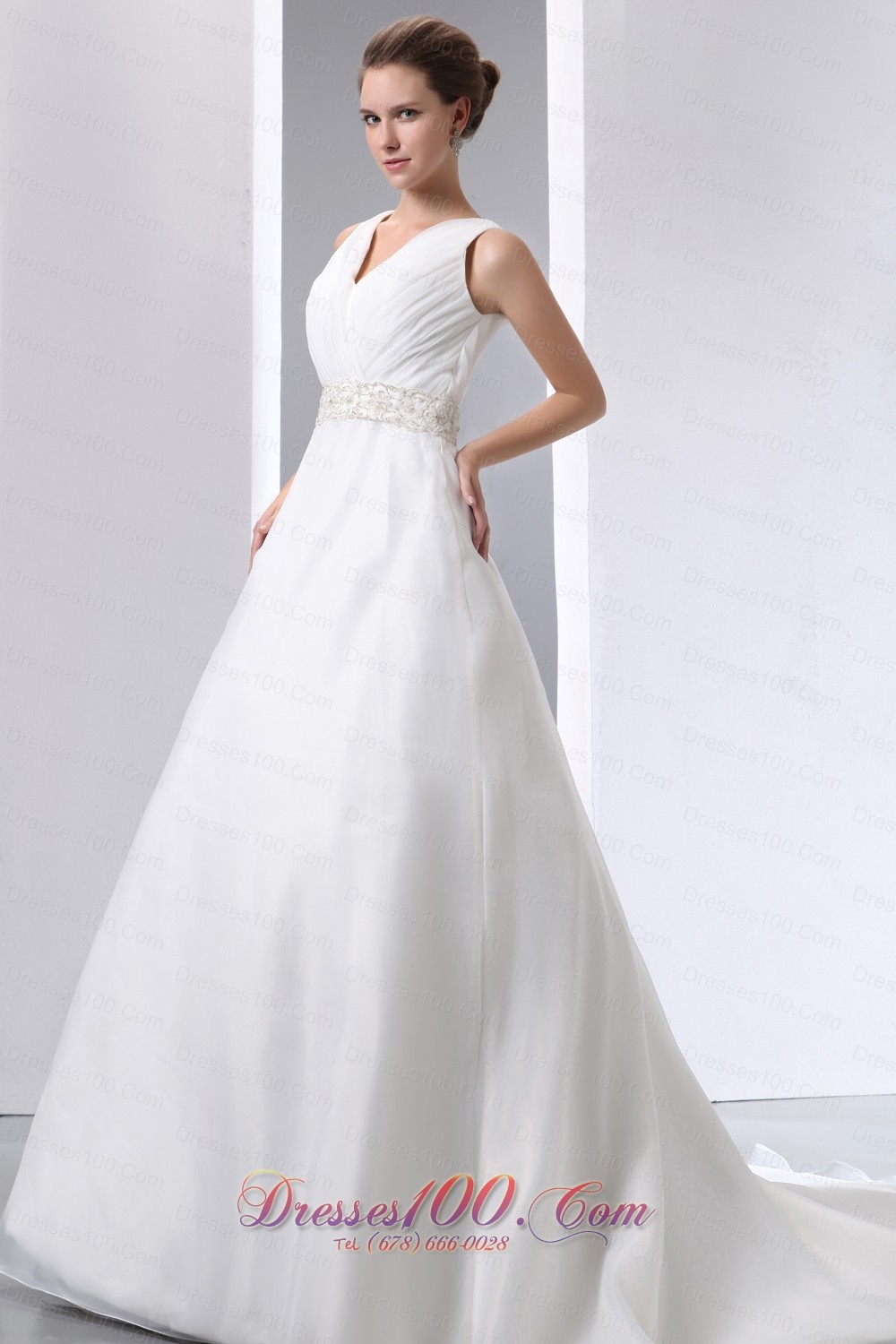 V Neck Beading Ruched Court Wedding Bridal Dresses