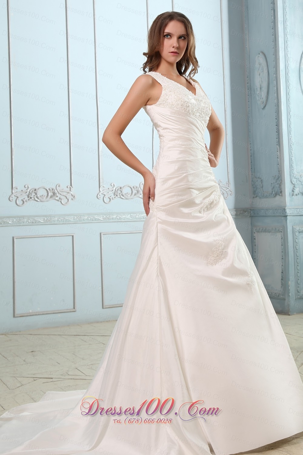 Custom Size Ruch V Neck Appliques Wedding Dress