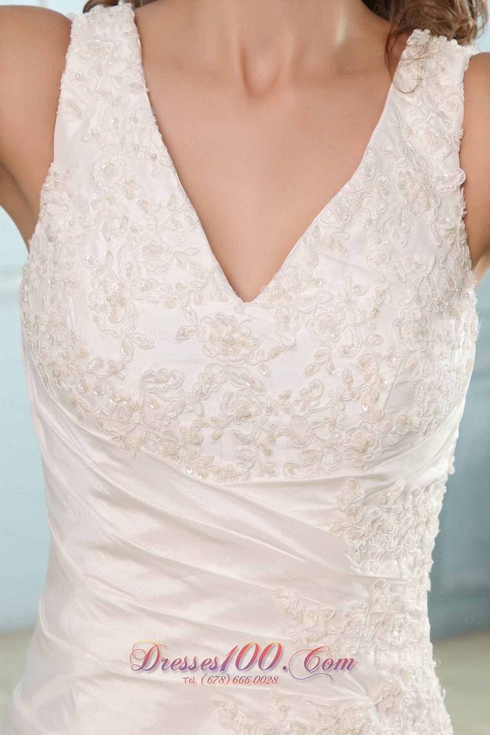 Custom Size Ruch V Neck Appliques Wedding Dress