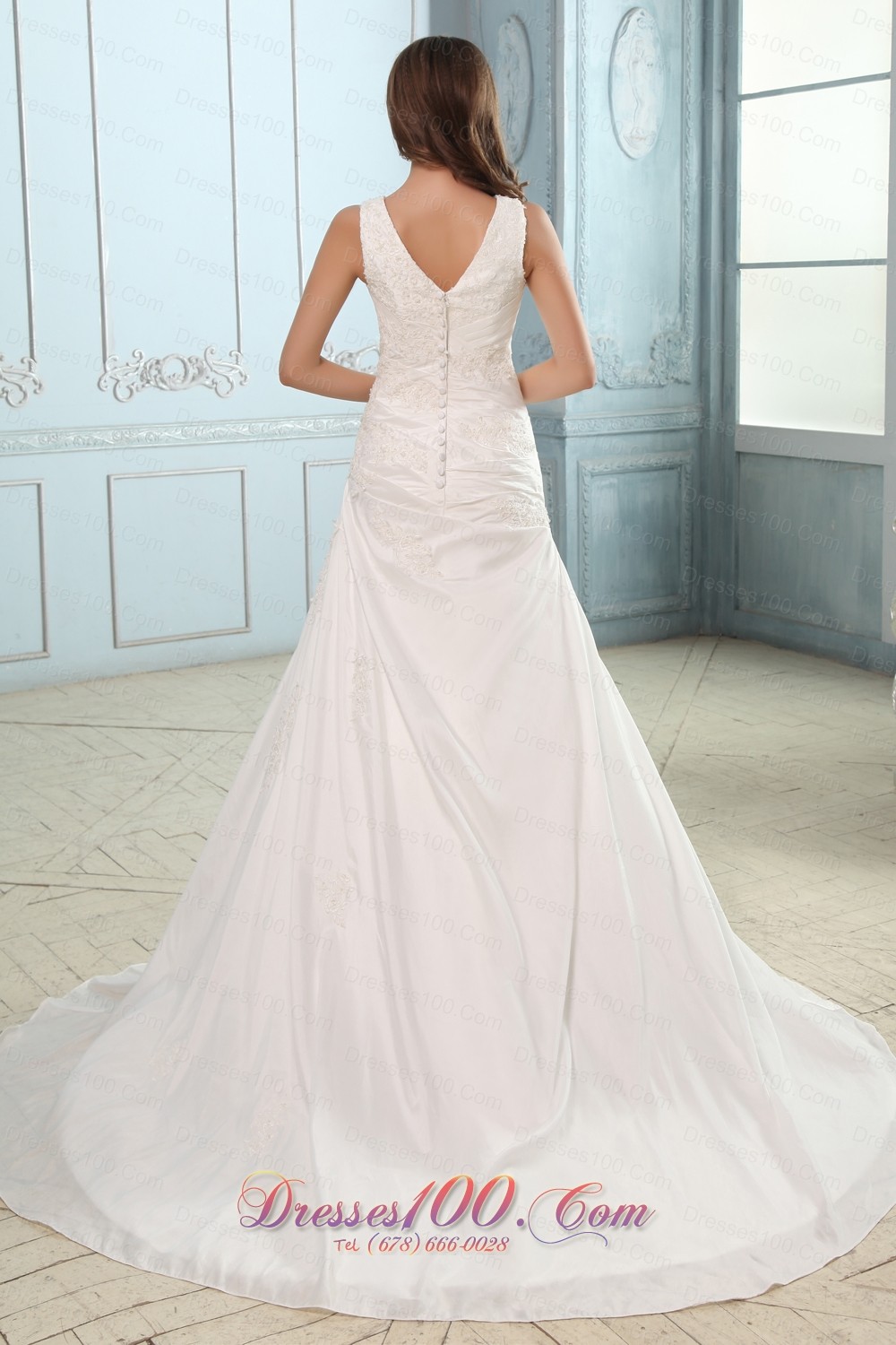 Custom Size Ruch V Neck Appliques Wedding Dress