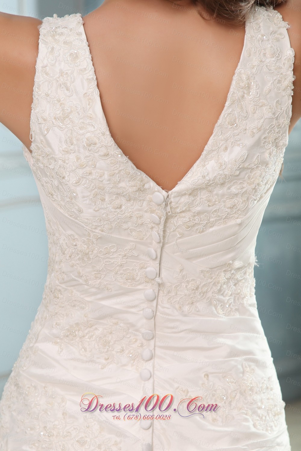 Custom Size Ruch V Neck Appliques Wedding Dress