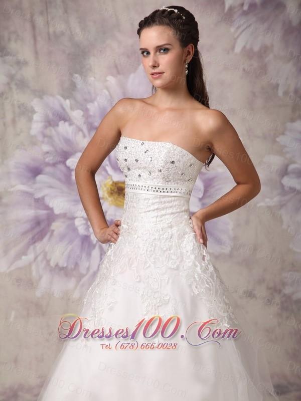 Strapless Beading Tulle Beach Wedding Dress A Line