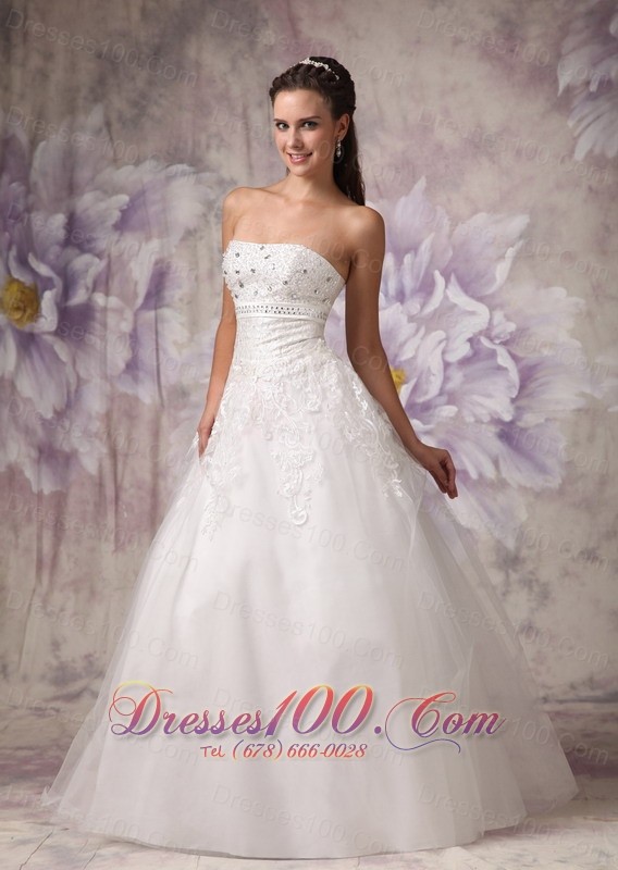 Strapless Beading Tulle Beach Wedding Dress A Line