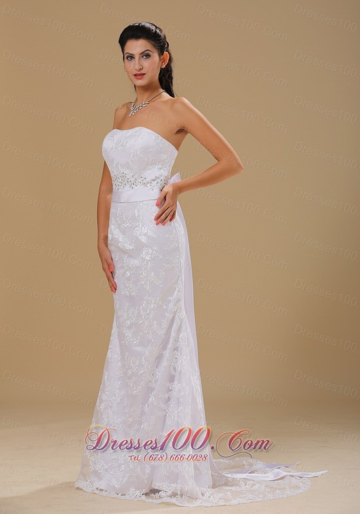 Beaded Lace Strapless Brush Wedding Dress