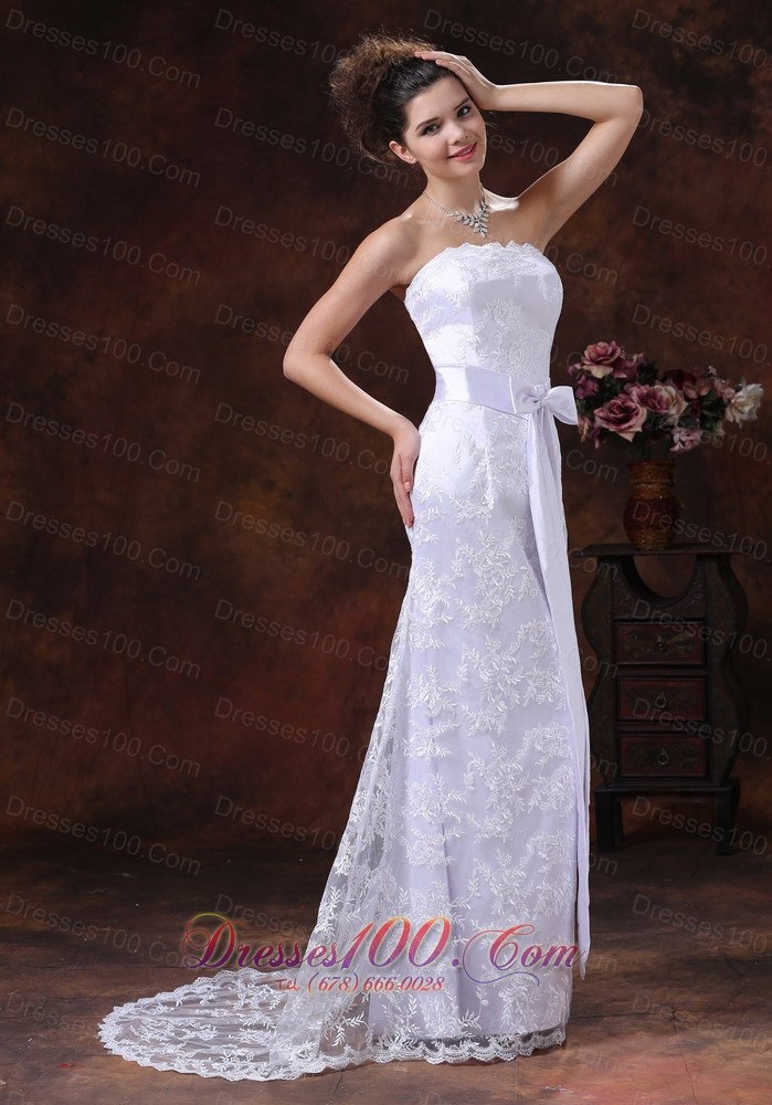 Lace Sash Column Strapless Bridal Wedding Dress