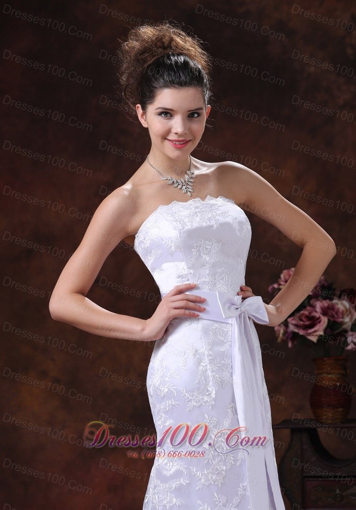 Lace Sash Column Strapless Bridal Wedding Dress