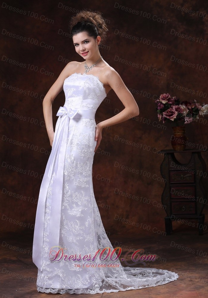 Lace Sash Column Strapless Bridal Wedding Dress