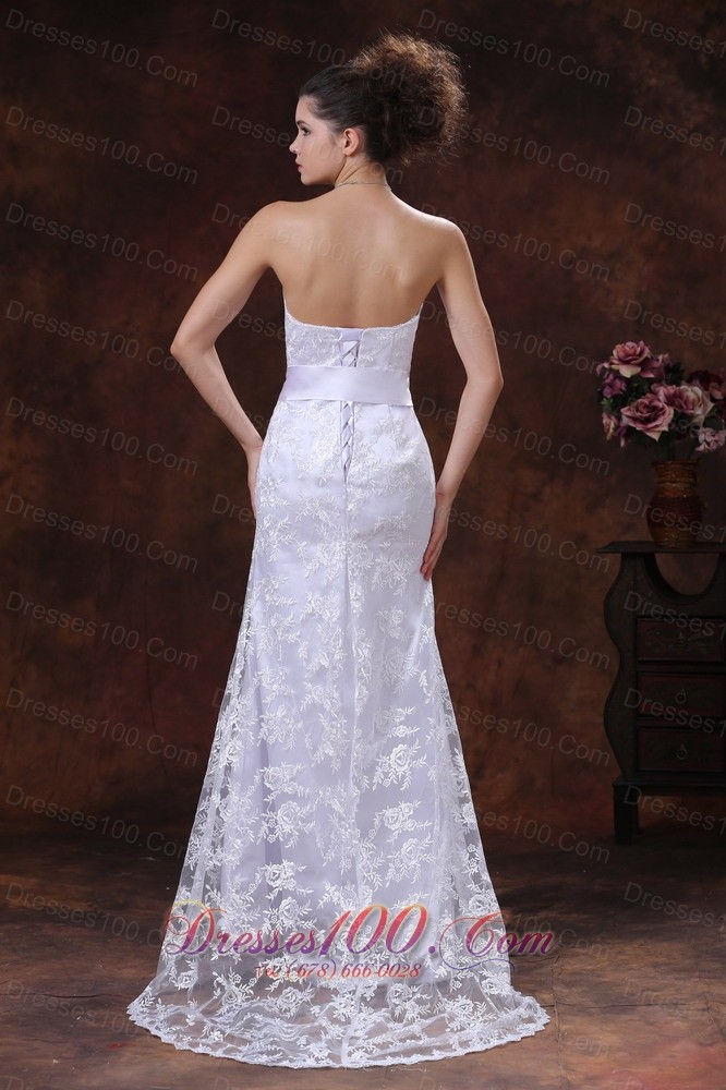 Lace Sash Column Strapless Bridal Wedding Dress