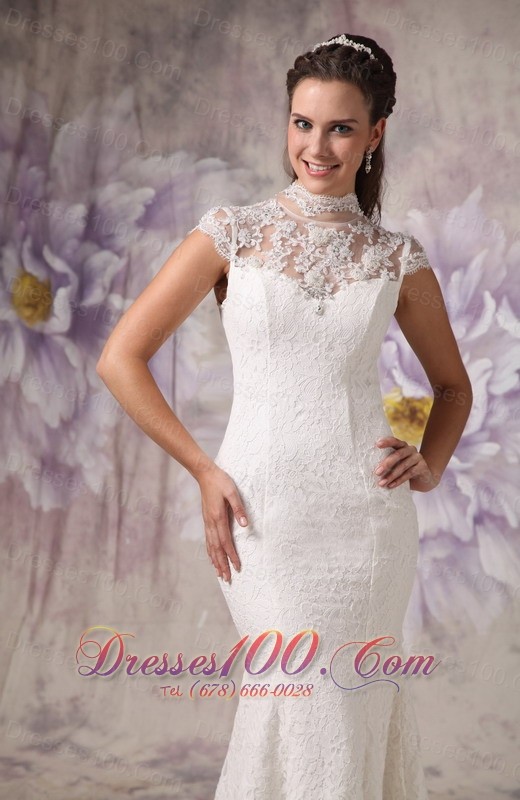 Lace High Neck Mermaid Court Wedding Dress Beaded