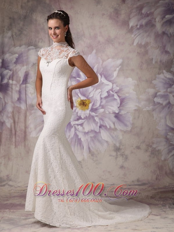 Lace High Neck Mermaid Court Wedding Dress Beaded