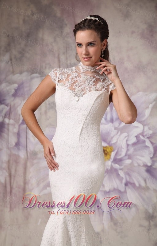 Lace High Neck Mermaid Court Wedding Dress Beaded