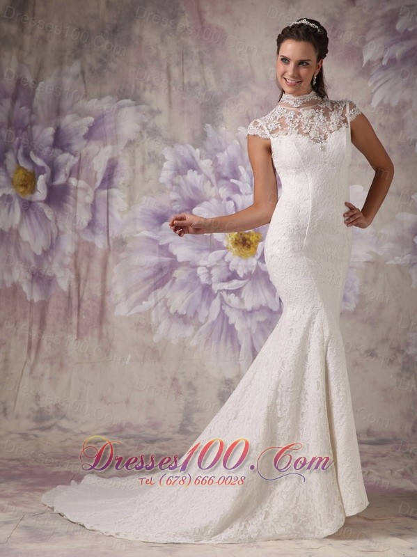 Lace High Neck Mermaid Court Wedding Dress Beaded