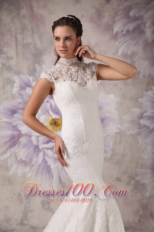 Lace High Neck Mermaid Court Wedding Dress Beaded