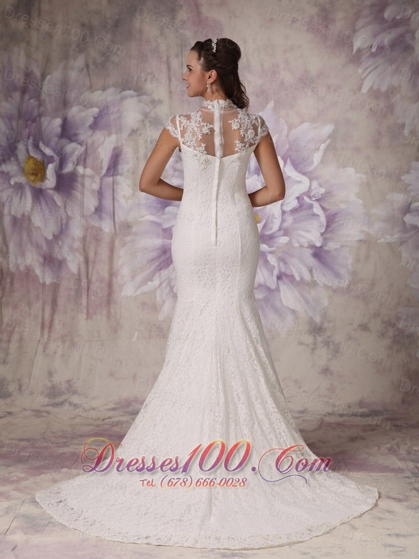 Lace High Neck Mermaid Court Wedding Dress Beaded
