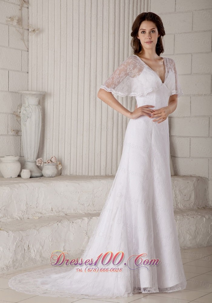 Sheath Lace V Neck Court Train Bridal Dress