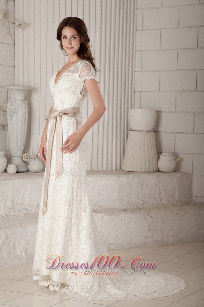 V Neck Sash Lace Brush Bridal Wedding Dress