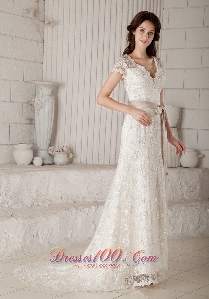 V Neck Sash Lace Brush Bridal Wedding Dress