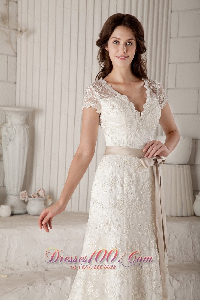 V Neck Sash Lace Brush Bridal Wedding Dress