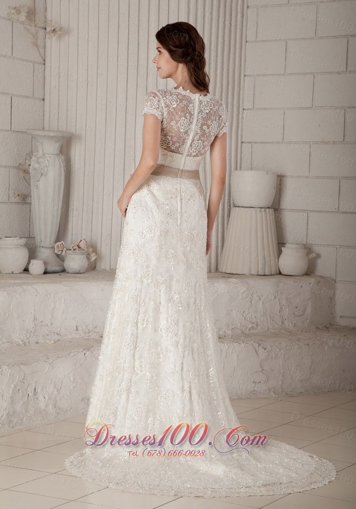 V Neck Sash Lace Brush Bridal Wedding Dress