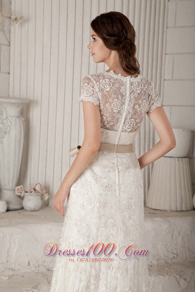 V Neck Sash Lace Brush Bridal Wedding Dress