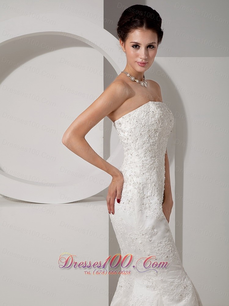Strapless Mermaid Lace Beaded Court Wedding Dress