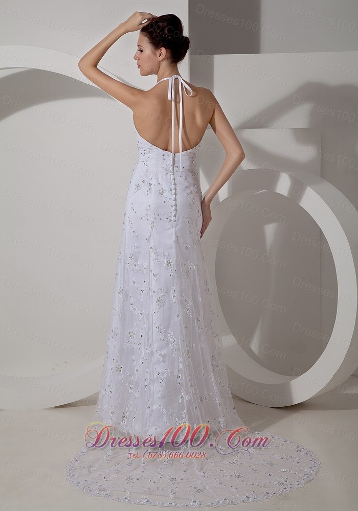 Beaded Halter Ruch Lace Court Wedding Dress