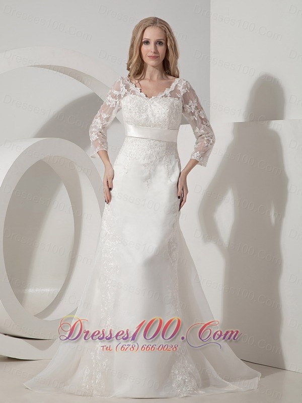 Organza V Neck Lace Sleeves Chapel Train Wedding Dress