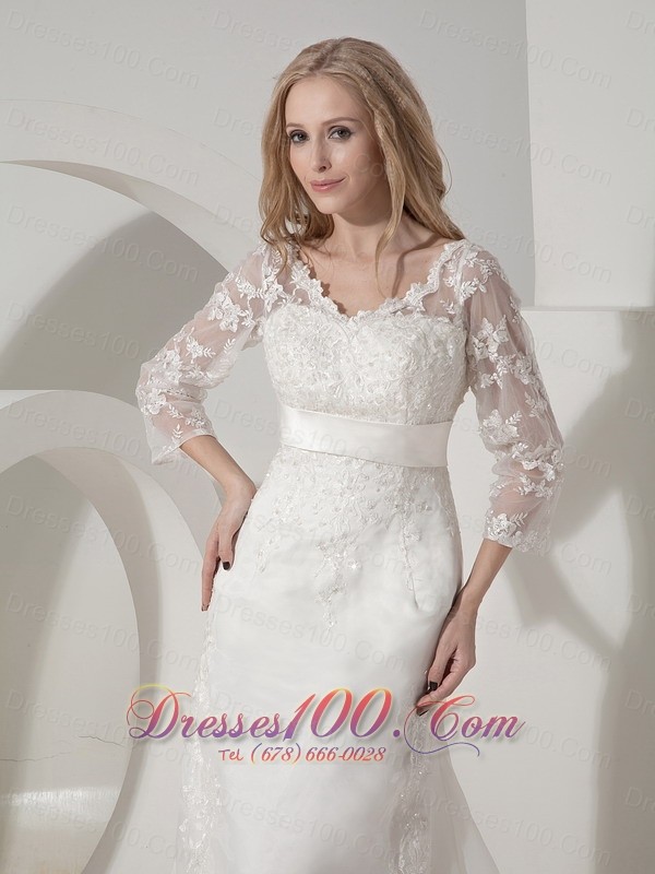 Organza V Neck Lace Sleeves Chapel Train Wedding Dress
