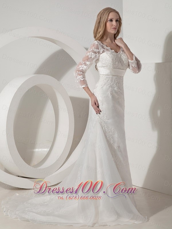 Organza V Neck Lace Sleeves Chapel Train Wedding Dress