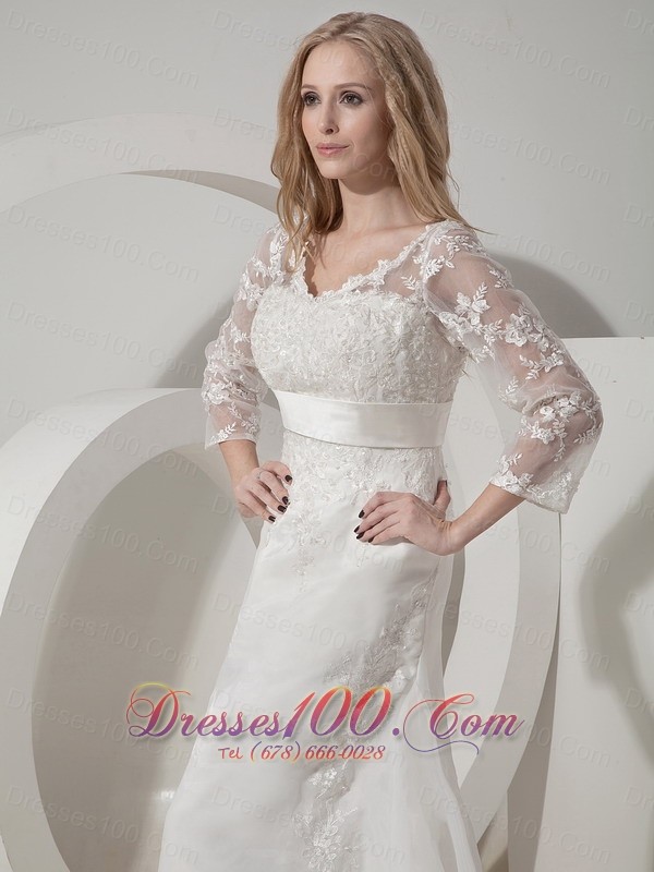 Organza V Neck Lace Sleeves Chapel Train Wedding Dress