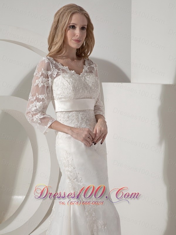 Organza V Neck Lace Sleeves Chapel Train Wedding Dress