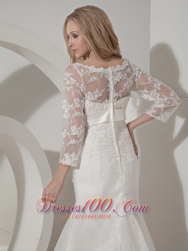 Organza V Neck Lace Sleeves Chapel Train Wedding Dress