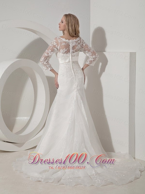 Organza V Neck Lace Sleeves Chapel Train Wedding Dress
