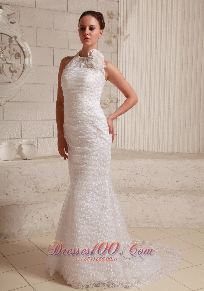 Halter Hand Made Flower Lace Wedding Gowns