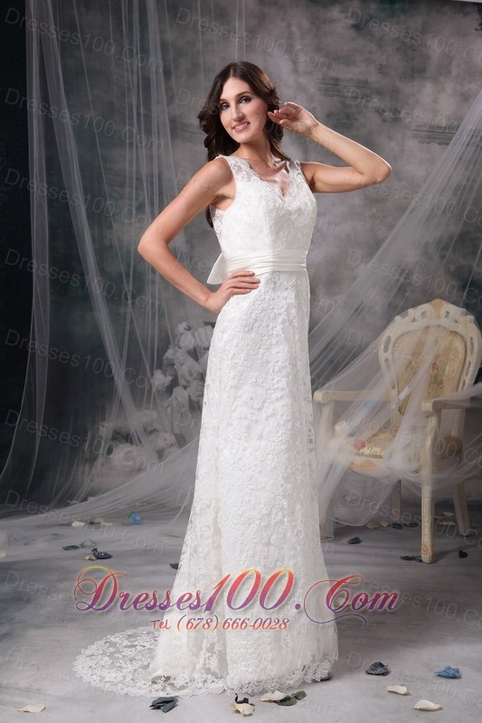 V Neck Lace Wedding Dress Brush Train Sashed
