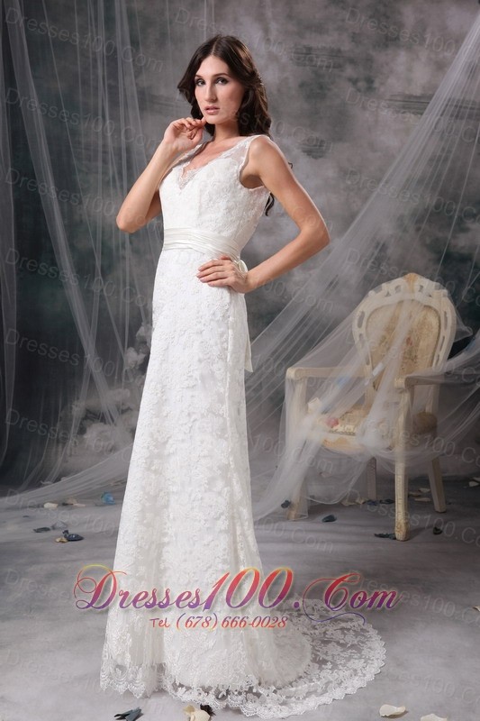 V Neck Lace Wedding Dress Brush Train Sashed