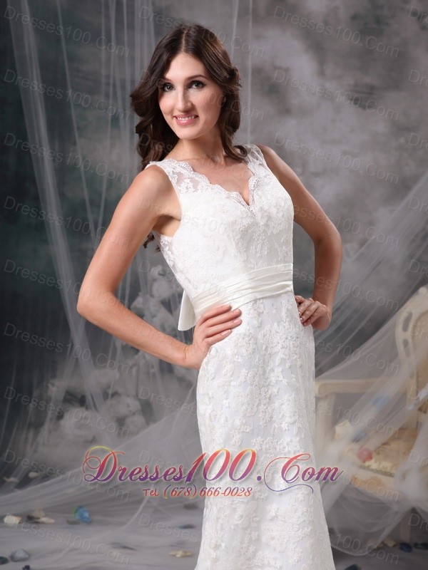 V Neck Lace Wedding Dress Brush Train Sashed